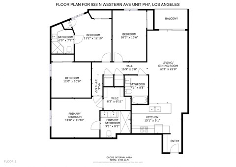 Floor plan for 4 beds, 3 baths, 1622 sqft